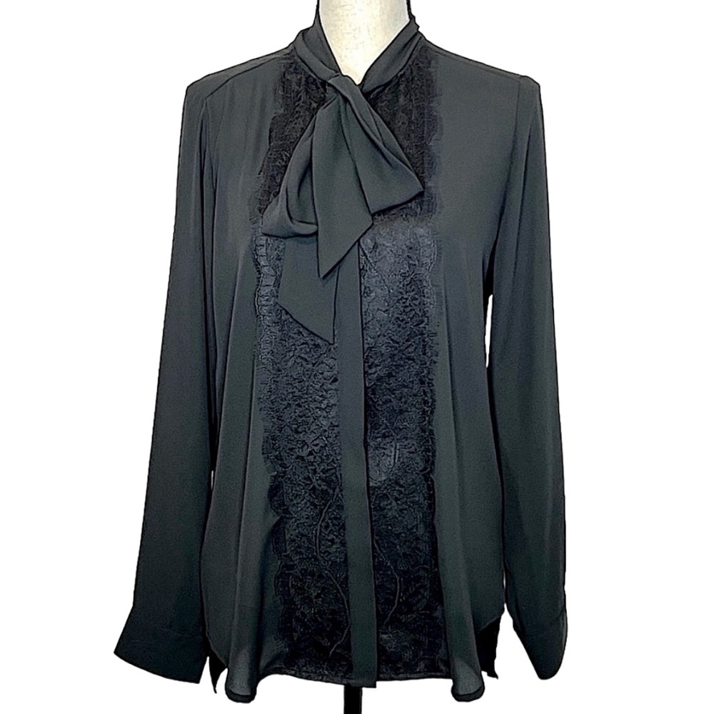 Black Long Sleeved Chiffon Button Down Tie Neck Blouse With Lace Lapel